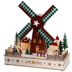 KAEMINGK Village de Noël en bois lumineux, animé et musical à piles (H29 cm) Moulin à vent Multicolore
