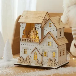 KAEMINGK Village de Noël en bois lumineux animé et musical à piles (H22 cm) Pavillon festif Naturel Discount