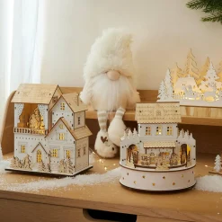KAEMINGK Village de Noël en bois lumineux animé et musical à piles (H22 cm) Pavillon festif Naturel Discount