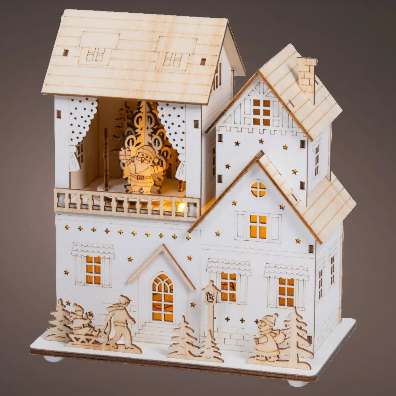 KAEMINGK Village de Noël en bois lumineux animé et musical à piles (H22 cm) Pavillon festif Naturel Discount