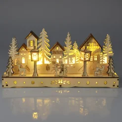 KOOPMAN Village de Noël en bois lumineux à piles (29 x H14 cm) Square enchanté Naturel Discount