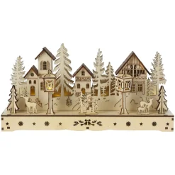 KOOPMAN Village de Noël en bois lumineux à piles (29 x H14 cm) Square enchanté Naturel Discount