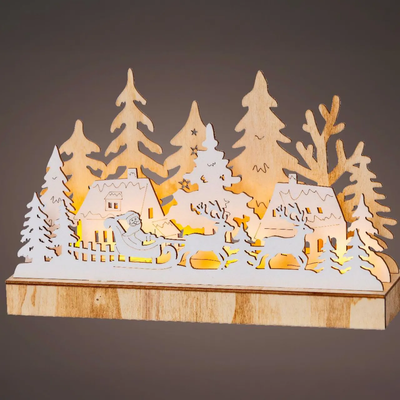 KAEMINGK Village de Noël en bois lumineux à piles (30 x 18 cm) Pôle Nord Naturel Outlet