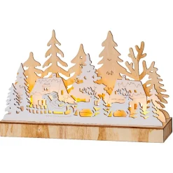 KAEMINGK Village de Noël en bois lumineux à piles (30 x 18 cm) Pôle Nord Naturel Outlet