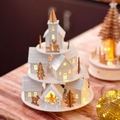 KAEMINGK Village de Noël en bois lumineux et musical à piles (H28 cm) Maisons sur colline Hot