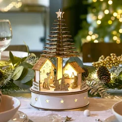 KAEMINGK Village de Noël en bois lumineux et musical à piles (H25 cm) Sapin de Noël Discount