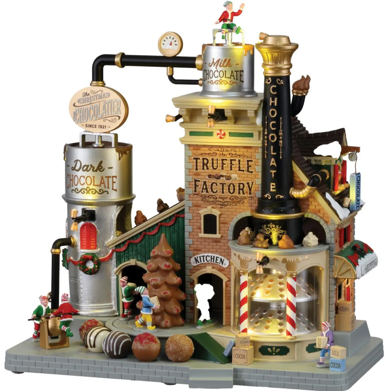 LEMAX Village de Noël lumineux, musical et animé Usine de Truffes chocolatées de Noël Discount