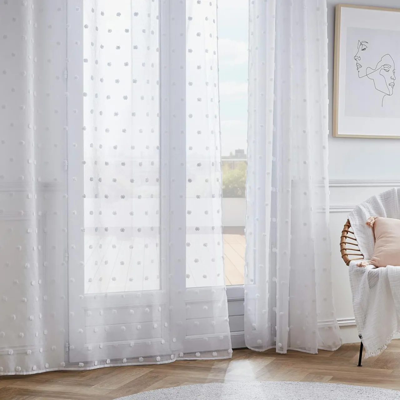 EMINZA Voilage oeillets pompons (180 x 240 cm) Emie Blanc New