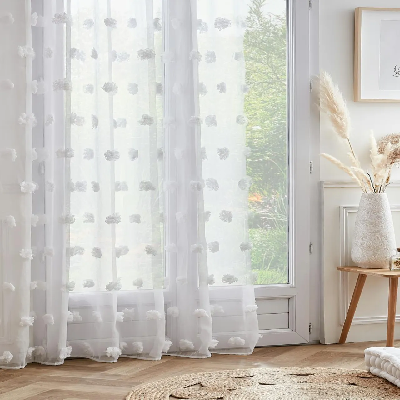 EMINZA Voilage oeillets pompons (280 x 240 cm) Suzie Blanc