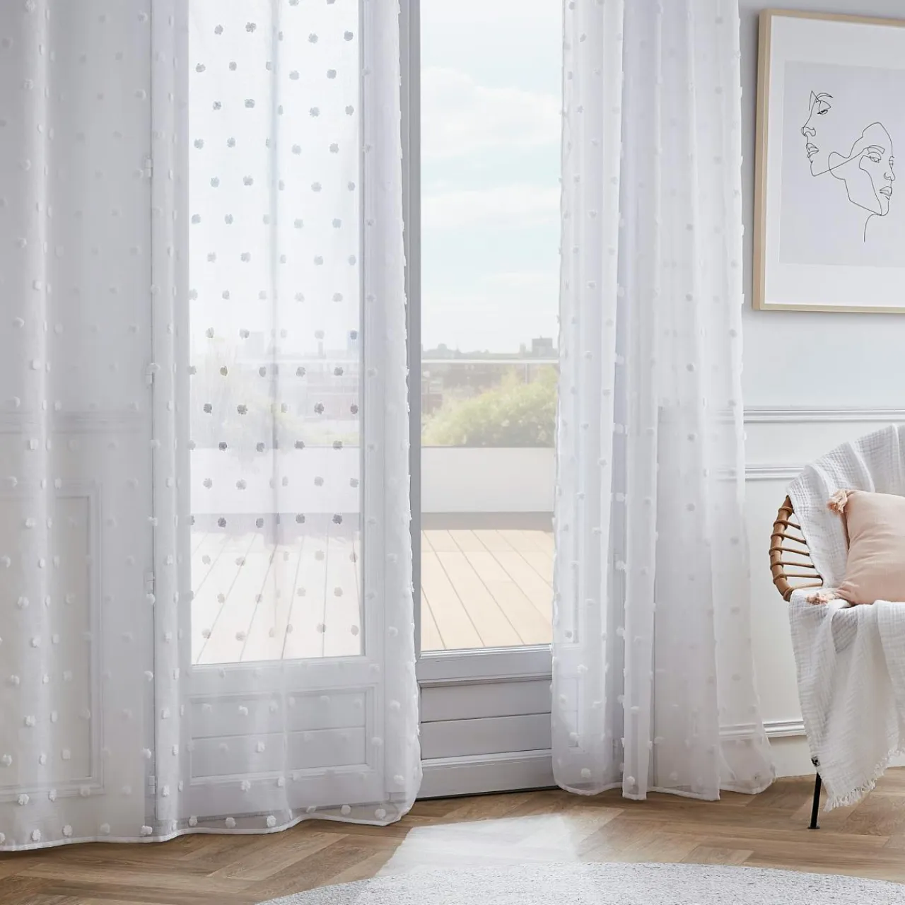 EMINZA Voilage oeillets pompons (140 x 240 cm) Emie Blanc New